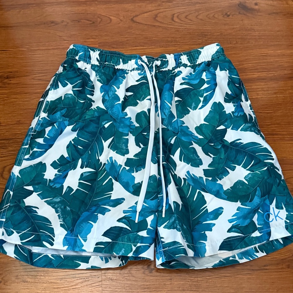 Calvin Klein Blue Leaf Print Swim Shorts